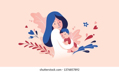 Vector Illustration Of Mother Holding Baby Son In Arms. Floral Background.