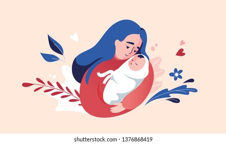 Vector Illustration Of Mother Holding Baby In Arms. Floral Background.