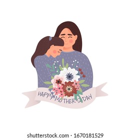 Vector Illustration Of Mother Holding Baby Son In Arms. Happy Mothers Day Greeting Card.