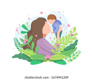 Ilustración vectorial Madre sosteniendo al bebé. Madre arroja un bebé, retrato de una feliz madre amorosa y su bebé. Tarjeta de felicitación del día de las madres. Ilustración de vectores en un estilo plano