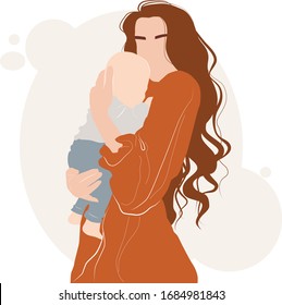Vector Illustration Of Mother Holding Baby In Arms. Happy Mother's Day. Template for greeting card.