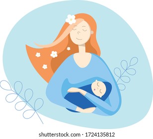 Vector Illustration Of Mother Holding Baby Son In Arms