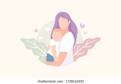 Vector Illustration Of Mother Holding Baby Son In Arms. 
Happy Mother`s Day Greeting Card.