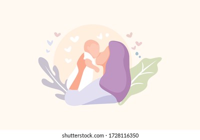 Vector Illustration Of Mother Holding Baby Son In Arms. 
Happy Mother`s Day Greeting Card.