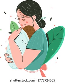 Vector Illustration Of Mother Holding Baby Son In Arms. Flat illustration