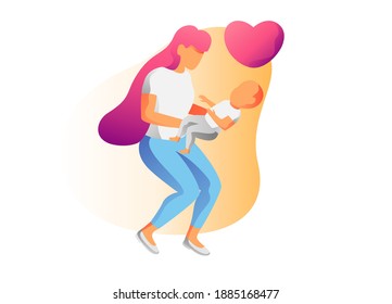 Vector Illustration Of Mother Holding Baby Son In Arms. Happy Mother`s Day Greeting Card. Cartoon 3d Vector Illustration. Mobile application and website header images on white background.