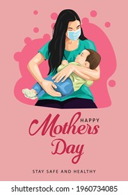 vector illustration of mother holding baby son in arms. happy mother's day greeting card.c orona virus, covid-19 concept. mother wearing surgical mask