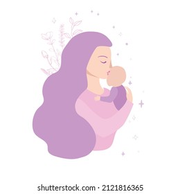 Vector Illustration Of Mother Holding Baby Son In Arms. Happy Mother`s Day Greeting Card.