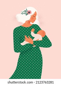 Vector Illustration Of Mother Holding Baby Son In Arms  Happy Mother`s Day Greeting Card 