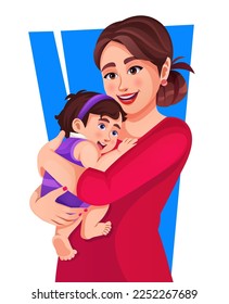 Vector Illustration Of Mother Holding Baby Girl In Arms. Happy young mom hold in hands hug cute little ethnic baby toddler show love care. Motherhood Snuggle, childcare concept. Mother's day vector.