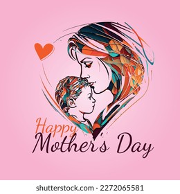 Vector Illustration Of Mother Holding Baby Son In Arms. Happy Mother`s Day Greeting Card