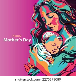 Vector Illustration Of Mother Holding Baby Son In Arms. Happy Mother`s Day Greeting Card