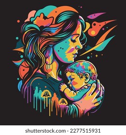 Vector Illustration Of Mother Holding Baby Son In Arms. Happy Mother`s Day Greeting Card.