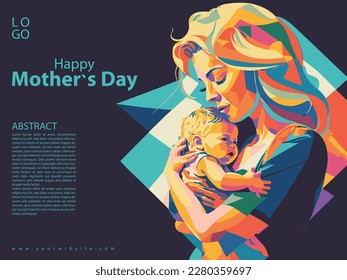 Vector Illustration Of Mother Holding Baby Son In Arms. Happy Mother`s Day Greeting Card.