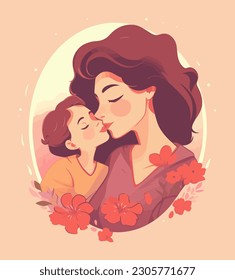 Vector Illustration Of Mother Holding Baby Son In Arms And Kissing On Cheek. Happy Mother's Day Greeting Card Or Poster Design With Floral Decoration.