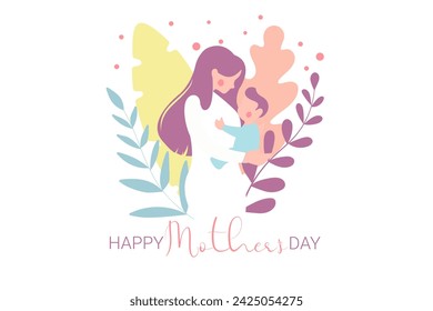Vector Illustration Of Mother Holding Baby Son In Arms. Happy Mother`s Day Greeting Card.