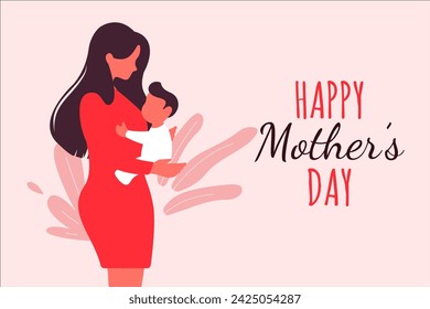 Vector Illustration Of Mother Holding Baby Son In Arms. Happy Mother`s Day Greeting Card.