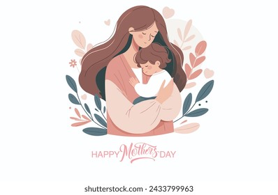 Vector Illustration Of Mother Holding Baby Child In Arms. Happy Mother's Day Greeting Card