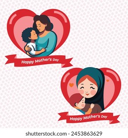 Vector Illustration Of Mother Holding Baby In Arms. Happy Mother`s Day Greeting Card.