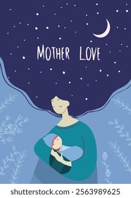 Vector illustration of mother holding baby. Simple illustration of how much affection a mother has for her child, Mother's Day greeting card.