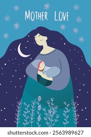 Vector illustration of mother holding baby. Simple illustration of how much affection a mother has for her child, Mother's Day greeting card.