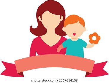 Vector Illustration Of Mother Holding Baby Child In Arms. Happy Mother's Day Greeting Card.Happy mother's day banner.