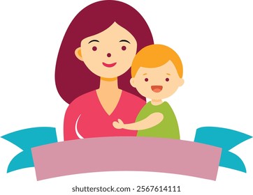 Vector Illustration Of Mother Holding Baby Child In Arms. Happy Mother's Day Greeting Card.Happy mother's day banner.