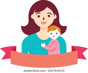 Vector Illustration Of Mother Holding Baby Child In Arms. Happy Mother's Day Greeting Card.Happy mother's day banner.