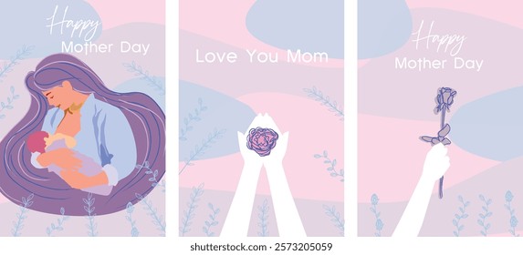 Vector illustration of mother holding baby. Simple illustration of how much affection a mother has for her child, Mother's Day greeting card.