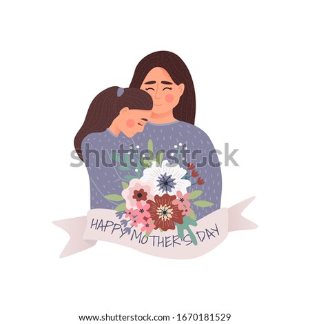 Vector Illustration Of Mother Holding Baby Son In Arms. Happy Mothers Day Greeting Card.