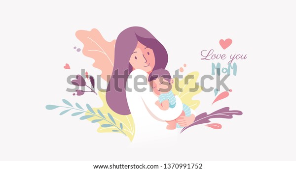 Vector Illustration Of Mother Holding Baby\
Son In Arms. Happy Mother`s Day Greeting\
Card.