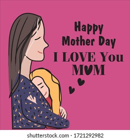 Vector Illustration Of Mother Holding girl Son In Arms. Happy Mothers Day Greeting Card.
