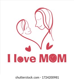 Vector Illustration Of Mother Holding Girl Son In Arms. Happy Mothers Day Greeting Card. Red color and white background. 