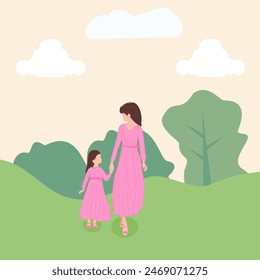 Vector illustration of mother holding hands with daughter, children's day, mother's day
