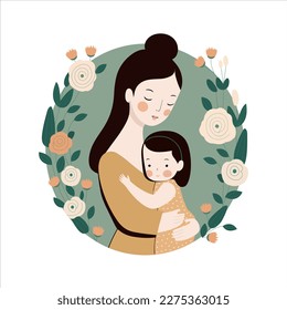Vector illustration of a mother holding her daughter in her arms. Happy Mother's Day greeting card.