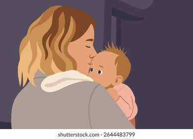 Vector illustration of a mother holding and kissing her baby with love. Perfect for family warmth, motherhood, emotional bonding, and parental care.