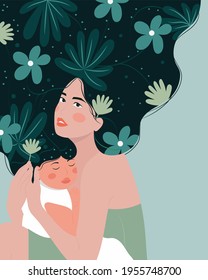 Vector Illustration Of Mother Holding little daughter In Arms with long floral and leafs hair. Happy Mother's Day Greeting Card. The concept of motherhood, family. Sincere feelings love and caress