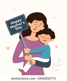 Vector Illustration Of Mother Holding Son In Arms. Happy Mother`s Day concept.