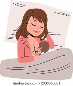 Vector illustration of mother hugging baby while breastfeeding lying in bed indoor. High Angle view. Mom and newborn resting together