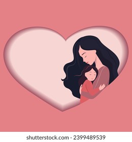 Vector illustration of mother hugging daughter. Happy Mother's Day greeting card.
