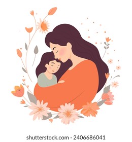 Vector illustration of mother hugging daughter. Happy Mother's Day.
