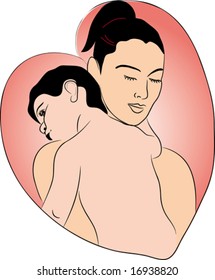 Vector illustration of mother hugging her baby