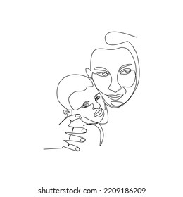 Vector illustration of mother hugging her child drawn in line art style