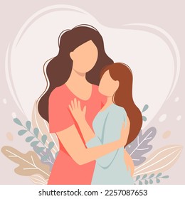 Vector illustration of a  mother hugging her daughter. Motherhood, childhood, mother's day, happy family concept. Greeting card, poster, banner, image.