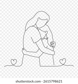 Vector illustration of mother hugging her daughter line art on transparent 