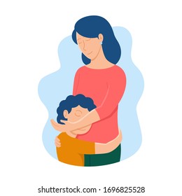 Vector Illustration Of Mother hugging his son. Happy Mother`s Day Greeting Card.