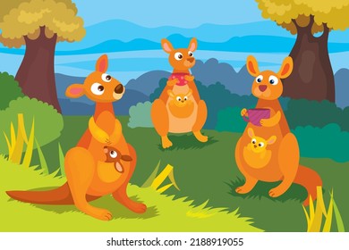 Vector illustration of mother kangaroos drink tea with their babies in the savannah