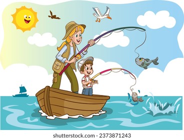 vector illustration of mother and kids fishing