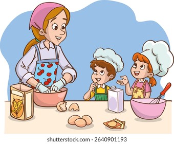 Vector illustration of mother and kids making cake or bread in the kitchen