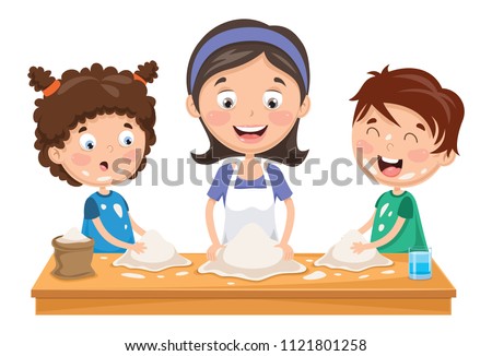 Vector Illustration Of Mother And Kids Preparing Dough